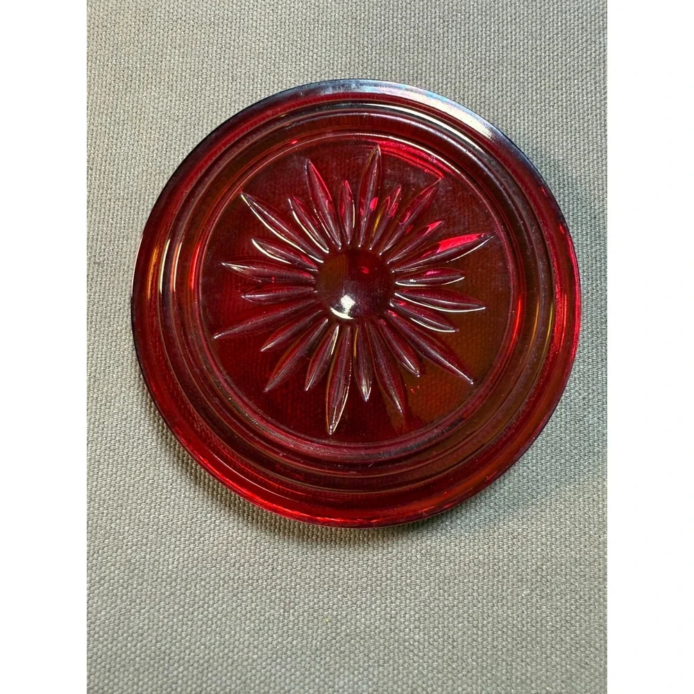 Vintage Red Glass Coaster with Starburst Pattern Retro Barware Drinkware